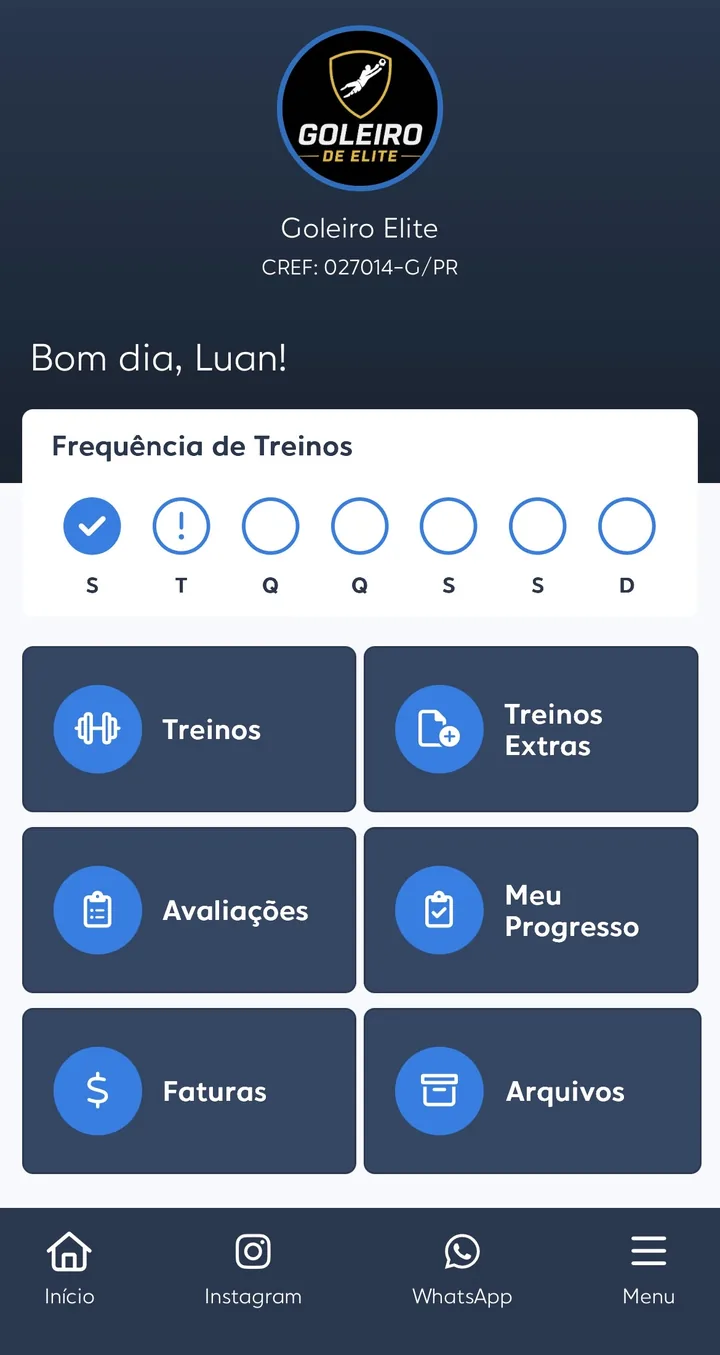 Tela inicial real da plataforma Goleiro de Elite com frequência, treinos, avaliações e progresso