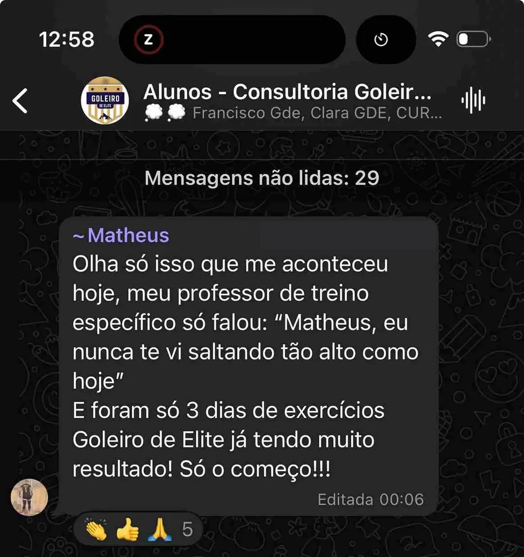 Relato de treinador sobre a evolução de impulsão de um goleiro