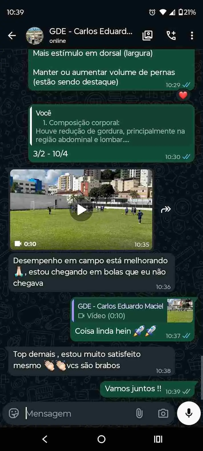 Mensagem de aluno relatando evolução no gol